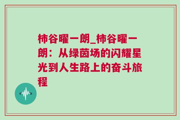 柿谷曜一朗_柿谷曜一朗：從綠茵場的閃耀星光到人生路上的奮斗旅程