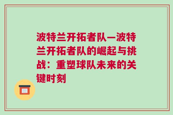 波特蘭開拓者隊—波特蘭開拓者隊的崛起與挑戰：重塑球隊未來的關鍵時刻