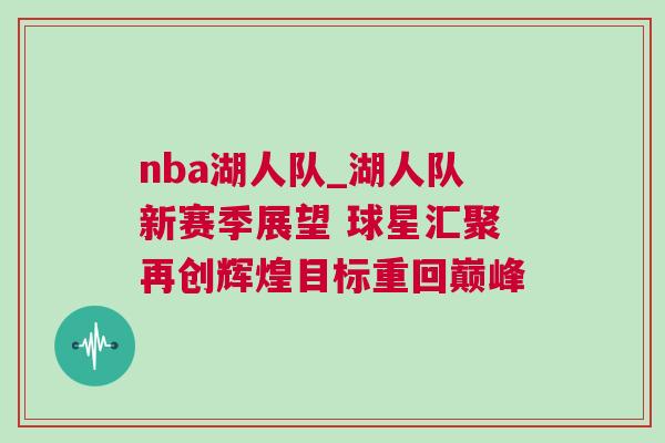 nba湖人隊_湖人隊新賽季展望 球星匯聚再創輝煌目標重回巔峰